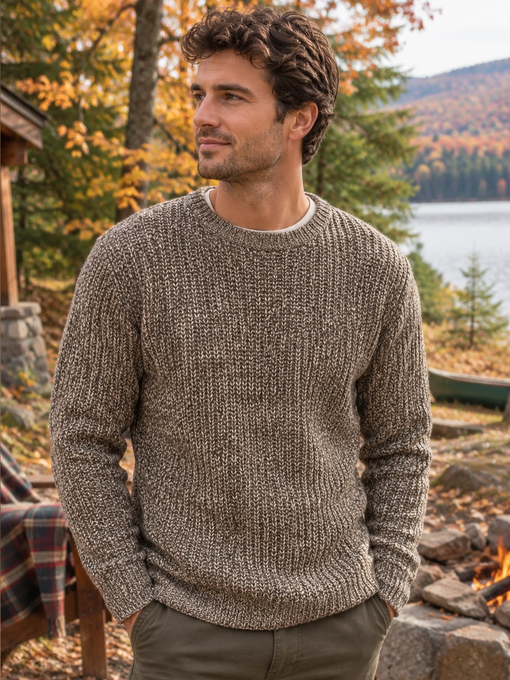Abercrombie & Fitch Adirondack Trail Sweater Mens Medium Marled Brown Cream Knit